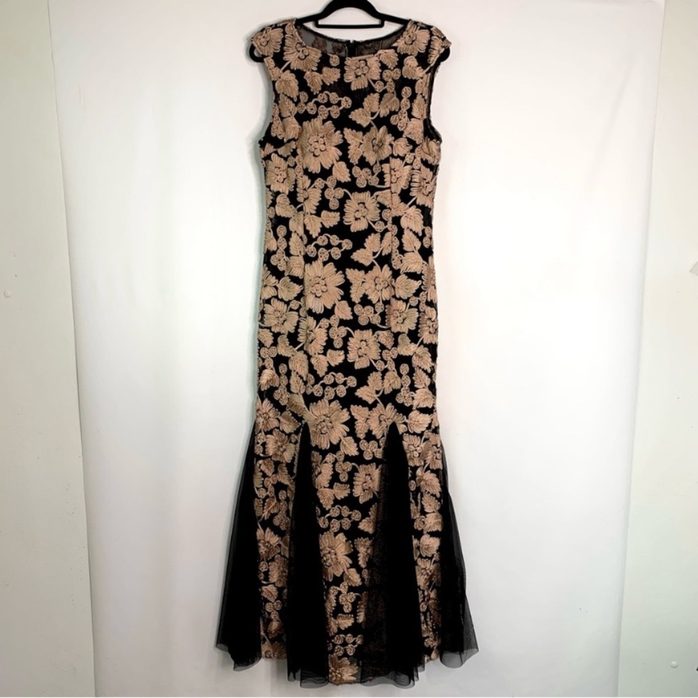 Alex Evenings Floral Embroidered Stretch Tulle Gown Maxi Dress Size 16 Tan Black - Picture 4 of 13